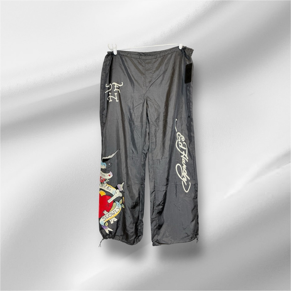Ed Hardy Womens Sz L Skull Nylon Parachute Love Kills Gray Wide Leg Pants